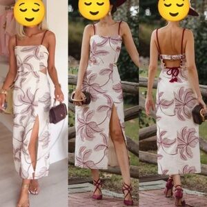 Zara White Midi Dress with Burgundy Floral Print